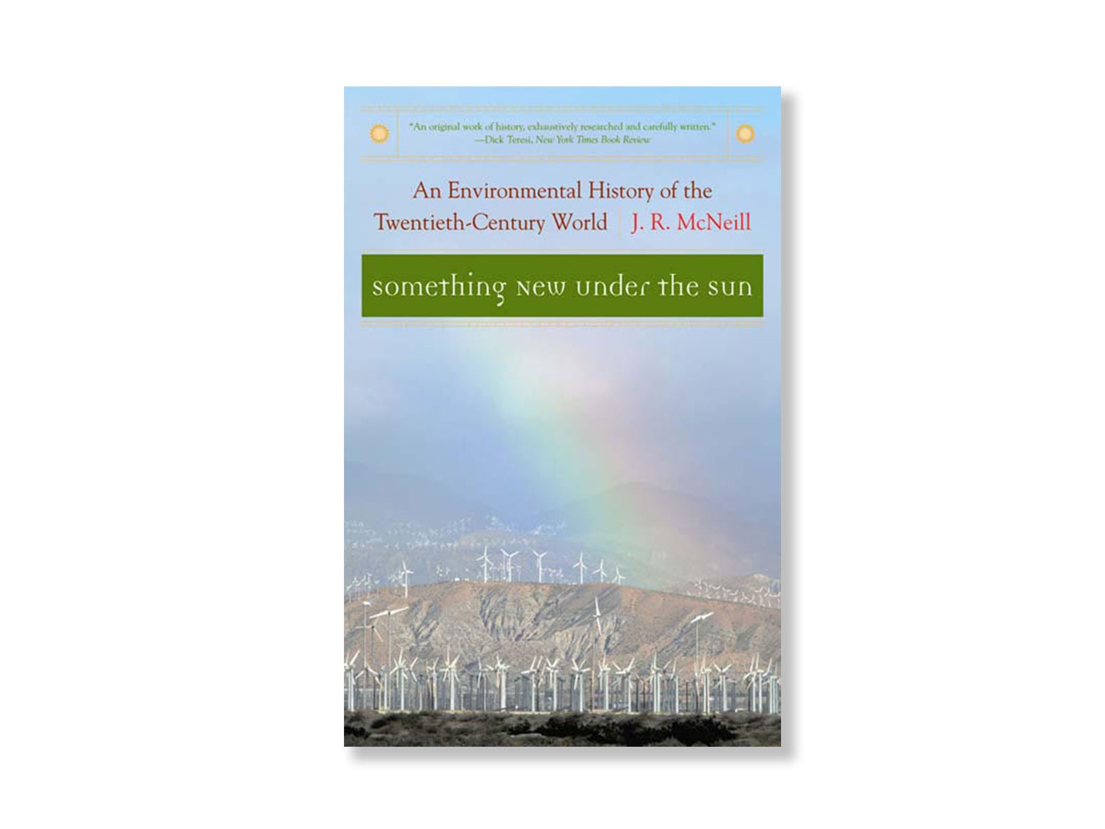 A landscape filled with wind turbines on a book cover.