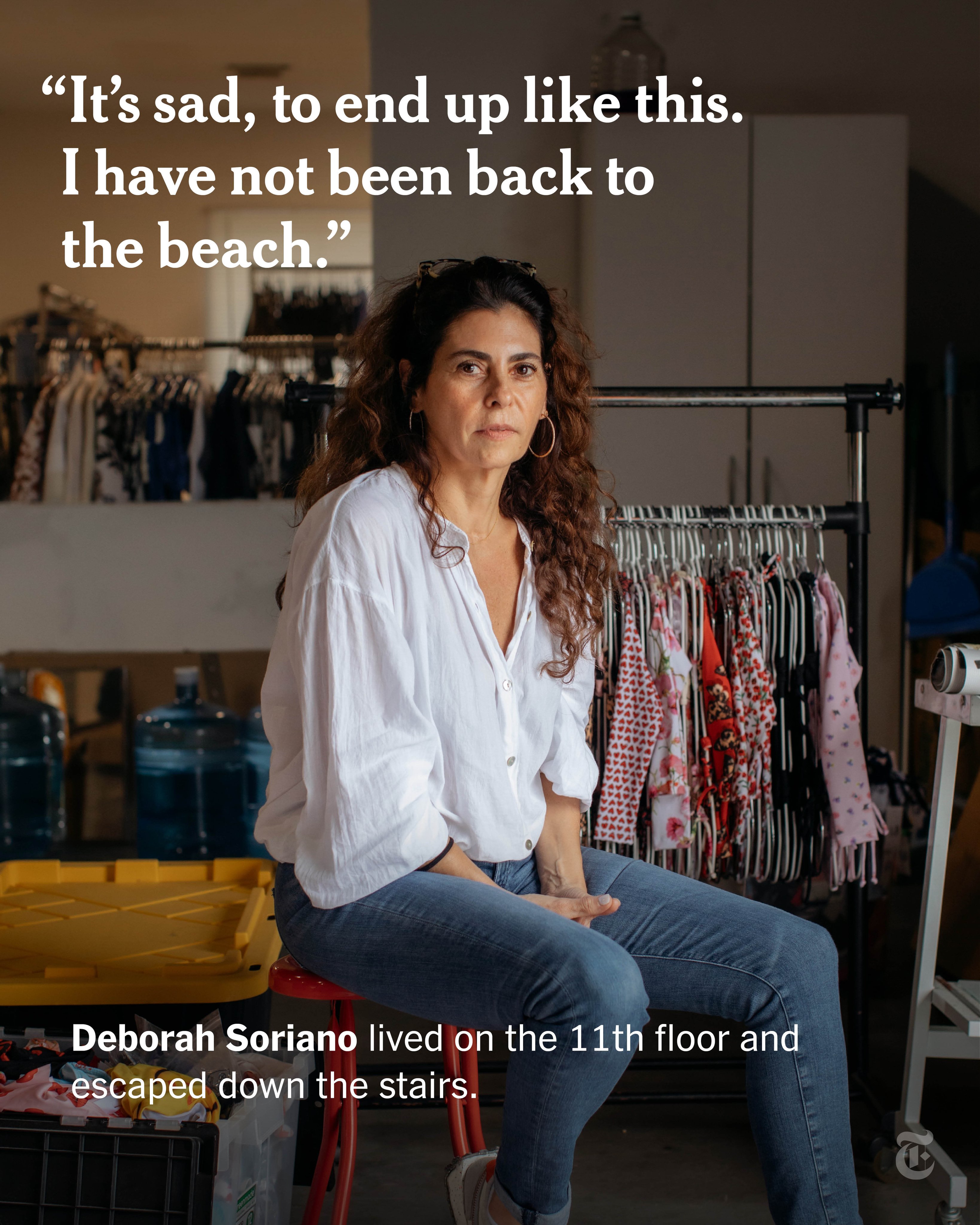 A portrait of Deborah Soriano, sitting down in a room. Her quote reads, "It's sad, to end up like this. I have not been back to the beach." Text reads, "Deborah Soriano lived on the 11th floor and escaped down the stairs."