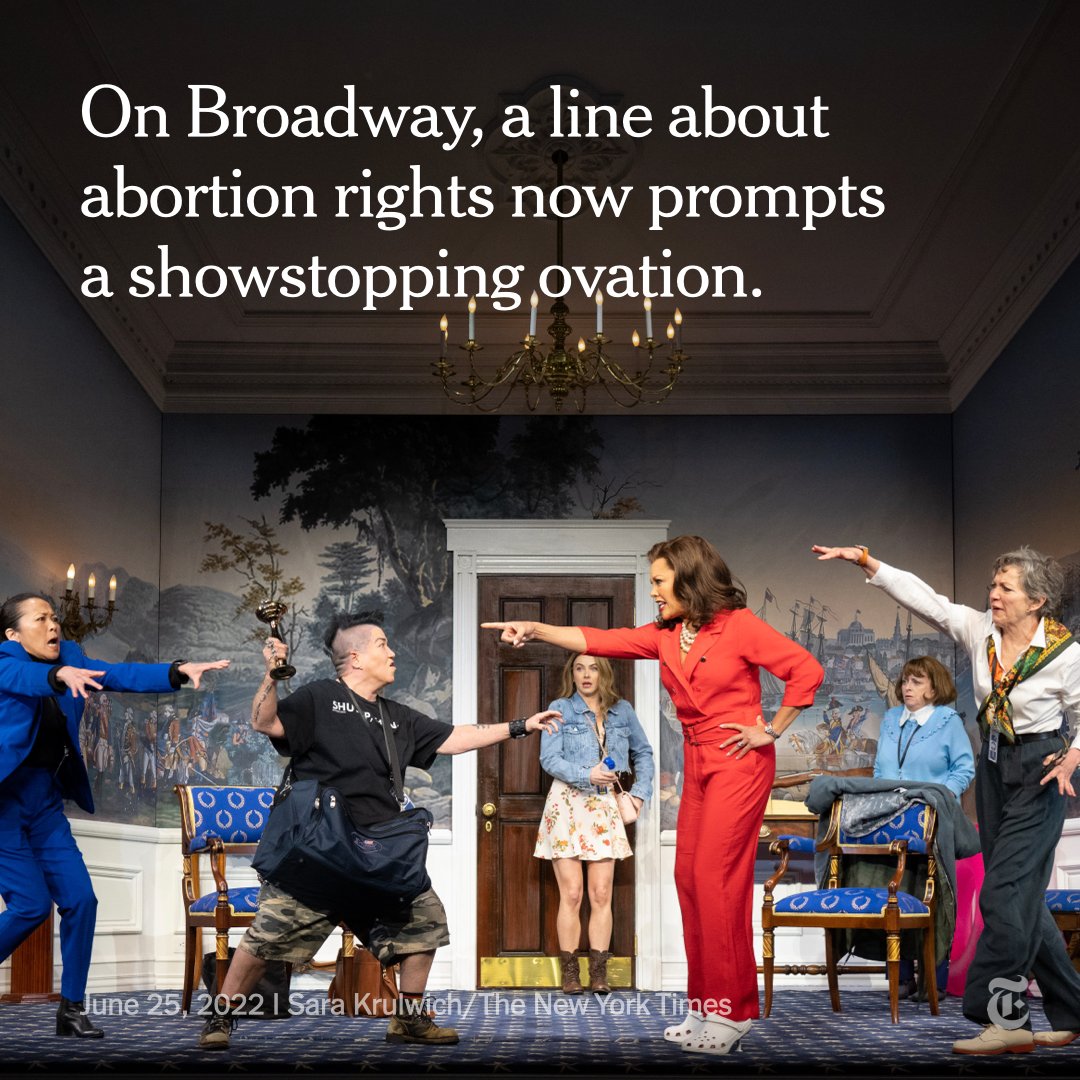 An image from the Broadway show "POTUS" shows the performers Suzy Nakamura, Lea Delaria, Julianne Hough, Vanessa Williams, Rachel Dratch and Julie White on stage. Photo by Sara Krulwich.