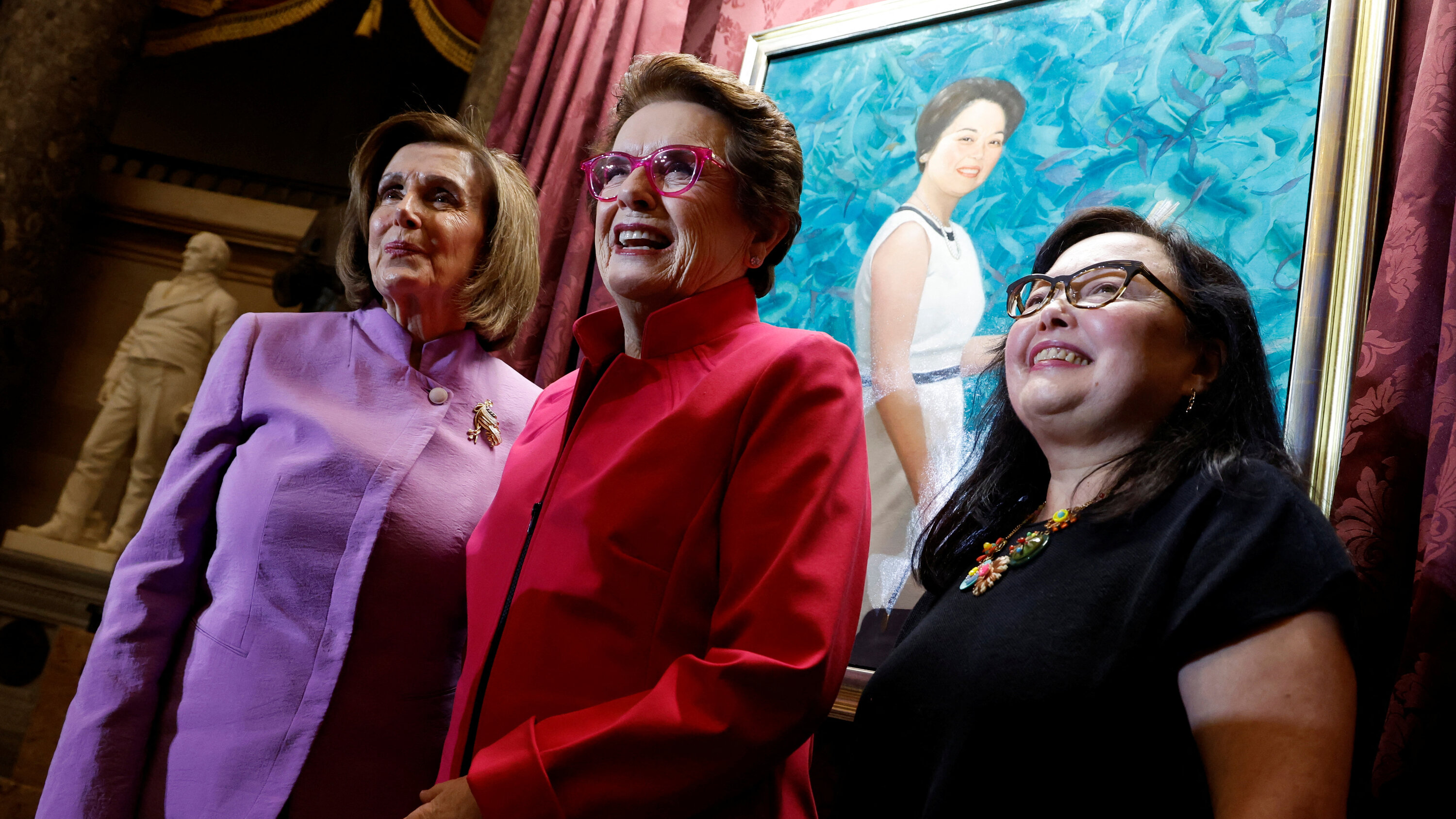 Billie Jean King, center, posed with House Speaker Nancy Pelosi, left, and Gwendolyn Mink at a ceremony on Thursday that honored the former U.S. Representative Patsy Takemoto Mink, who championed Title IX legislation.