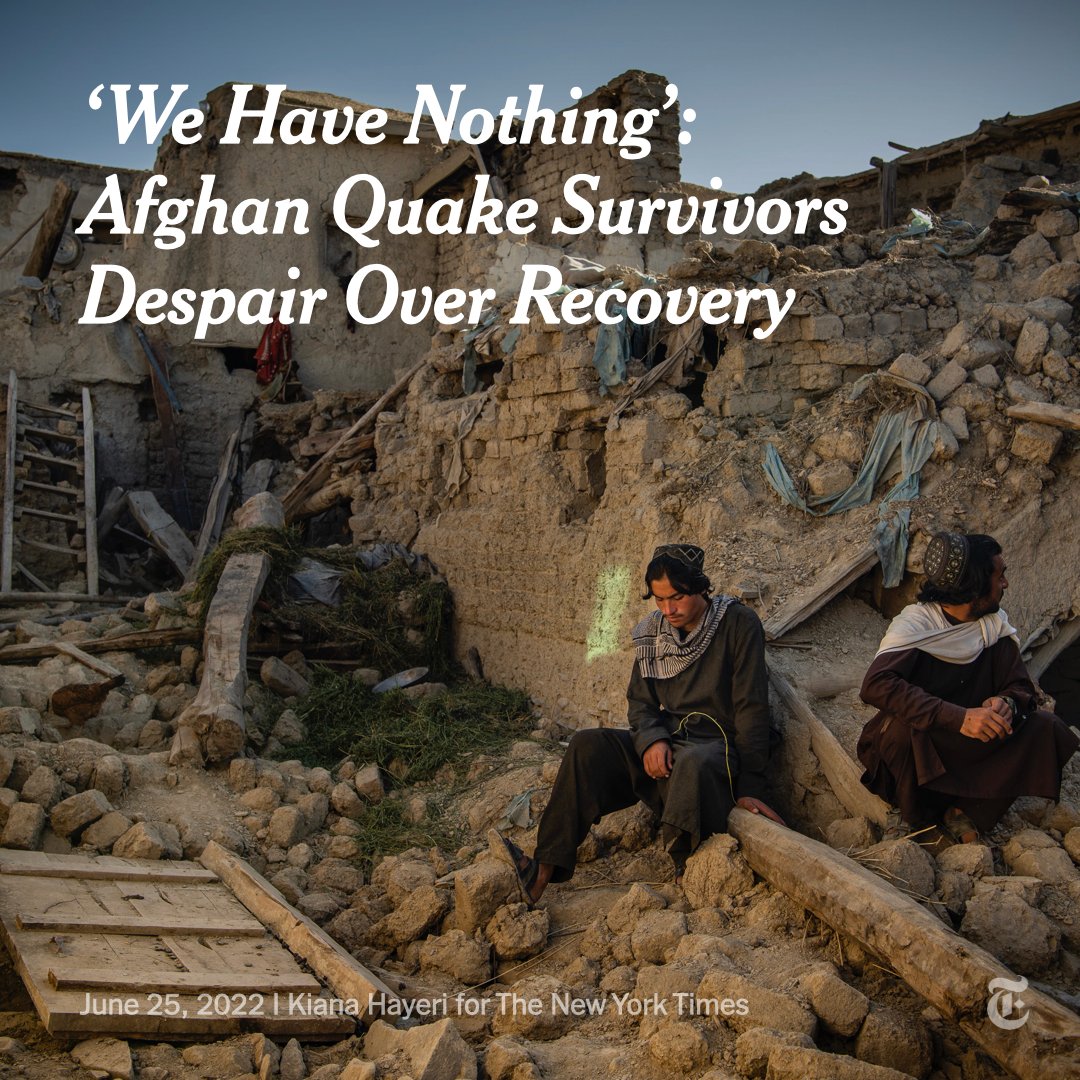 Two people sit on top of rubble on the ground below a collapsed brick structure. The headline reads, "'We Have Nothing': Afghan Quake Survivors Despair Over Recovery." Photo by Kiana Hayeri.