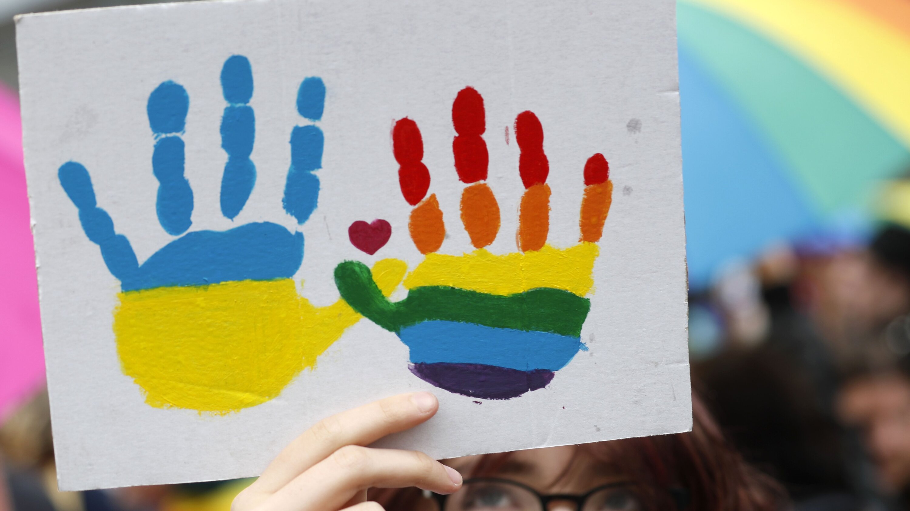 The colors of Ukraine and the rainbow at the Riga-Kyiv Pride March for Freedom in Riga, Latvia.