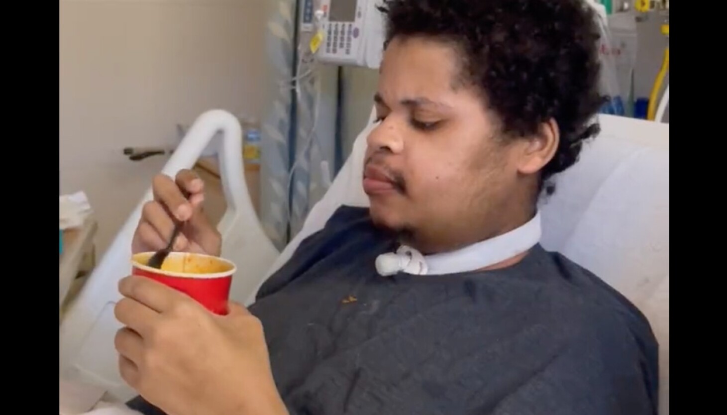 Dakotah Earley eats Wendy’s chili, his favorite according to his mother, after having wires removed from his mouth almost two months after he was shot during a mugging in Lincoln Park.