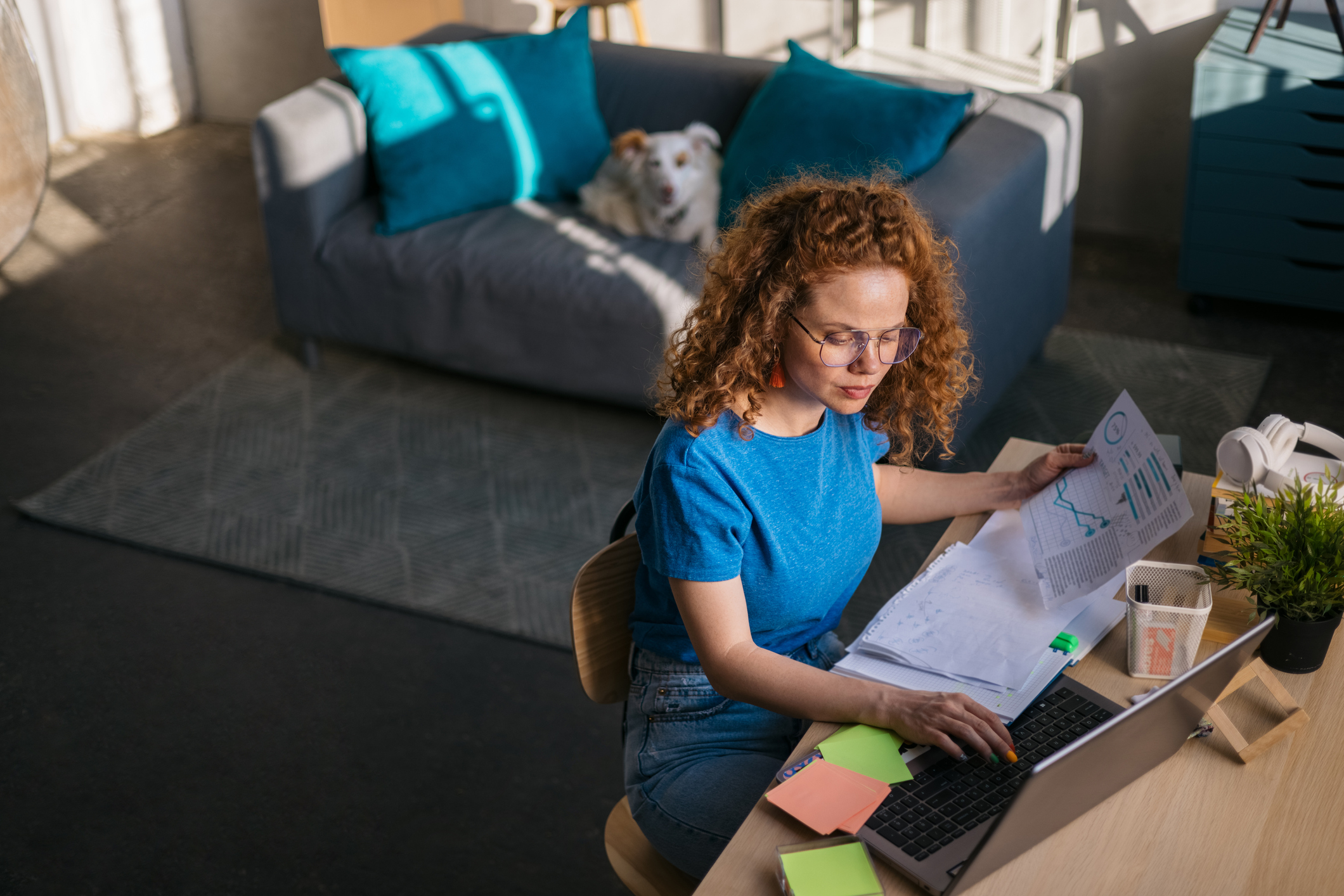 High angle view of a young woman freelancer casually working from home using a laptop, holding and examining different work related documents while her pet dog is lying on a sofa behind her