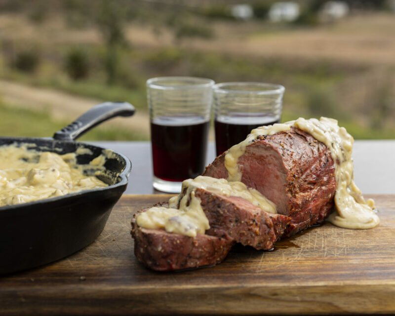 Fillet steak with mushroom and blue cheese sauce