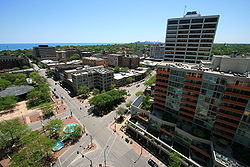 View of downtown, at Sherman Avenue and Davis Street, looking south/south-east toward Chicago.