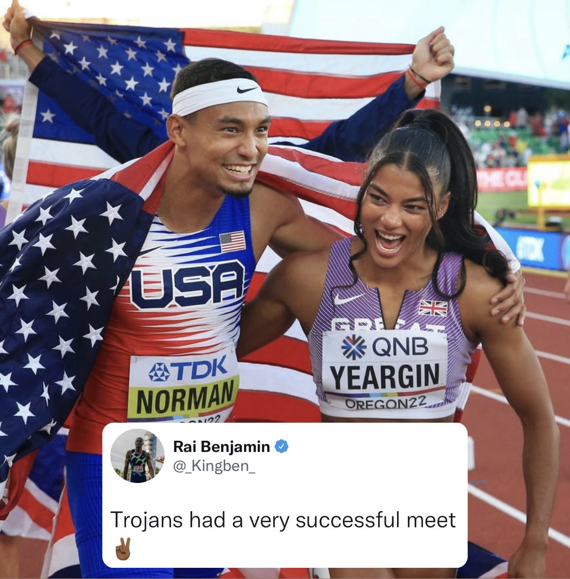 Photo of Michael Norman and Nicole Yeargin with Rai Benjamin tweet saying “Trojans had a very successful meet” superimposed