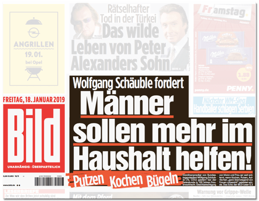 Ausriss Bild-Titelseite - Wolfgang Schäuble fordert - Männer sollen mehr im Haushalt helfen - putzen, kochen, bügeln