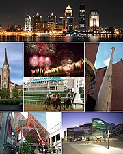 From top: Louisville downtown skyline at night, Cathedral of the Assumption, Thunder Over Louisville fireworks during the Kentucky Derby Festival, Kentucky Derby, Louisville Slugger Museum & Factory, Fourth Street Live!, The Kentucky Center for the Performing Arts