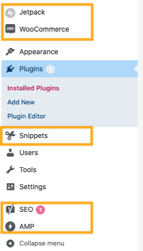 The Dashboard menu with boxes drawn around the new menu items added by installed plugins.