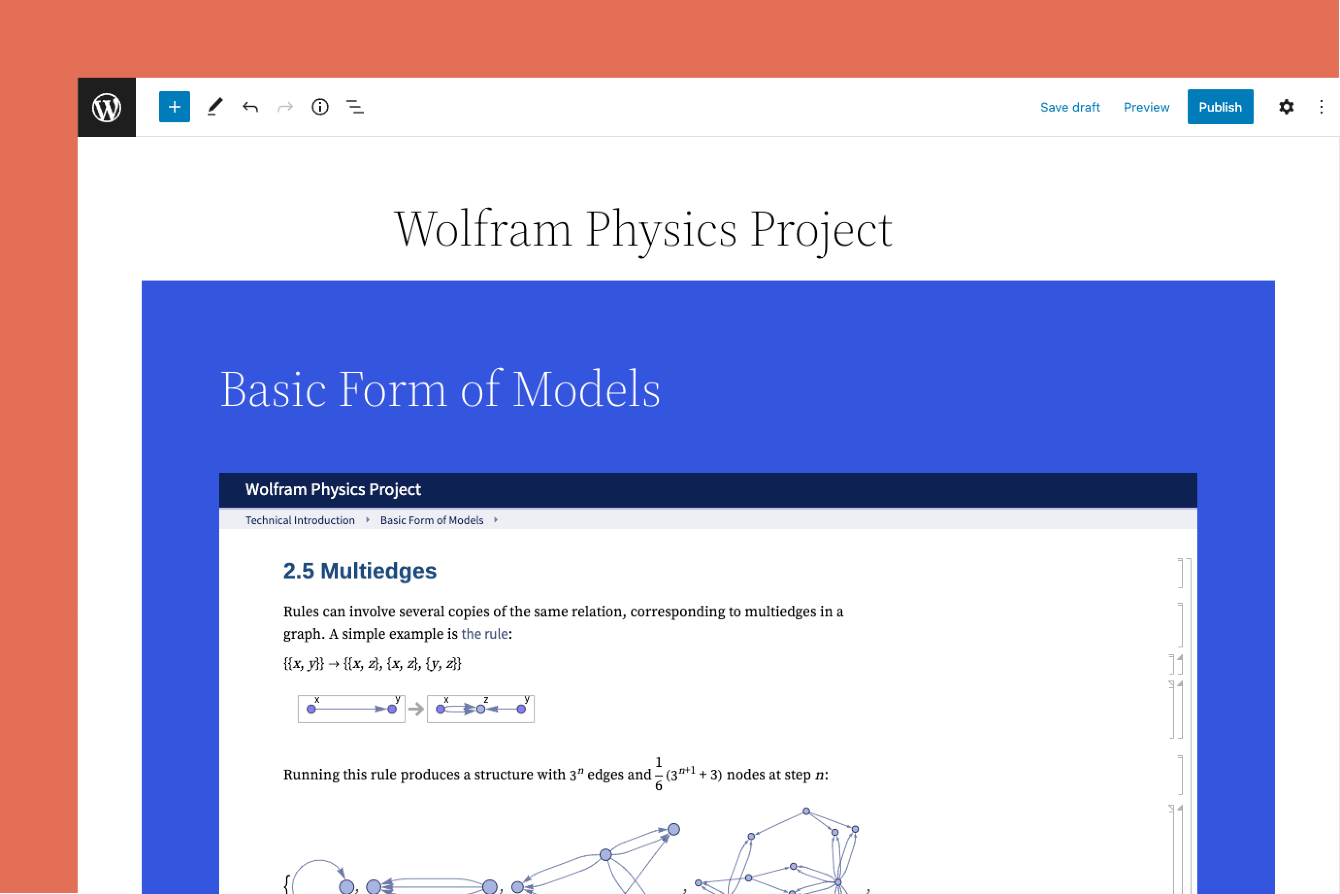 Screenshot of the WordPress block editor with Wolfram Notebook content embedded in a post.