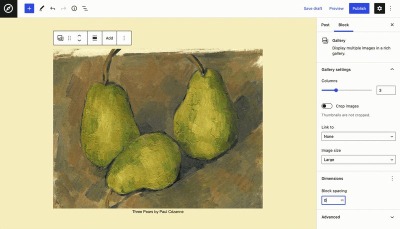Dividing a Cézanne painting of pears into nine clean gallery squares to show how spacing can be more easily manipulated in WordPress 6.0.