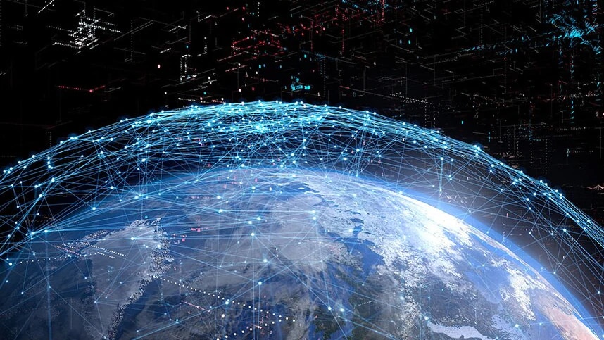 View of the earth as seen from space surrounded by a network of points of light