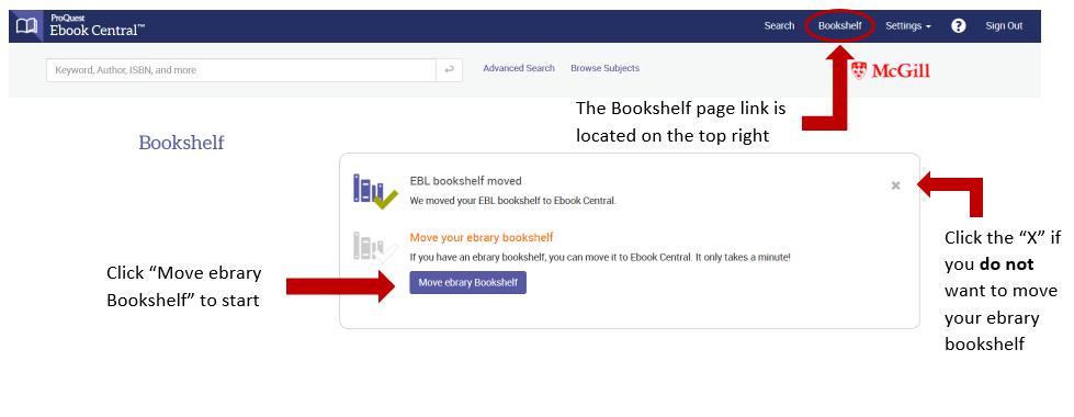 Screenshot of Proquest Ebook Central bookshelf page, showing the "Move ebrary bookshelf" button, circled in red.