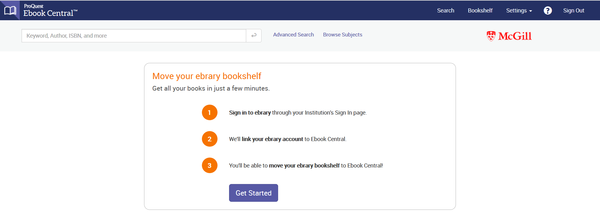 Screenshot showing the "Get Started" box that appears when you have clicked the "Move ebrary bookshelf" option.