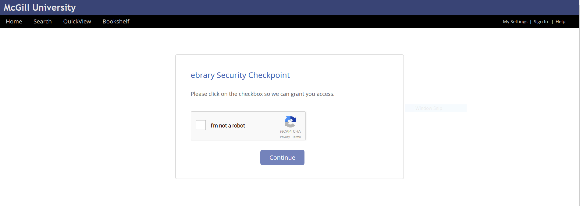 Screenshot of ebrary verification that user is not a robot