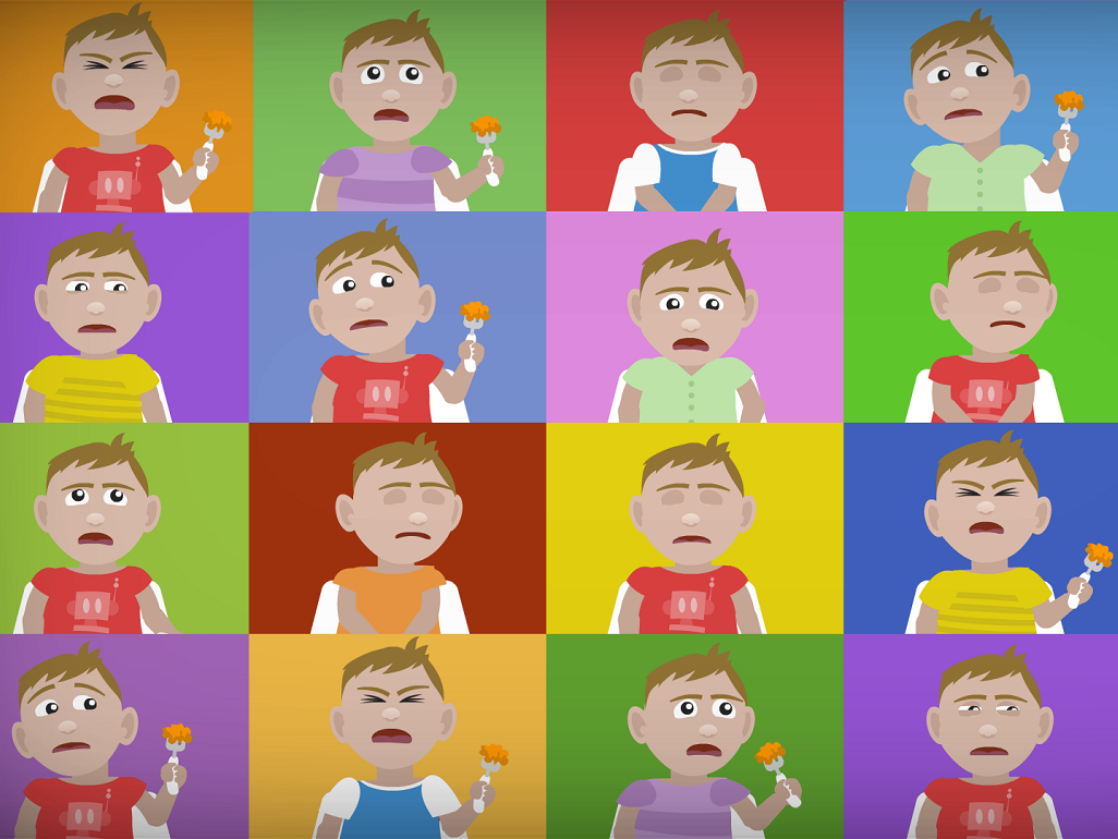 grid of cartoon images of a boy holding a fork, with different facial expressions