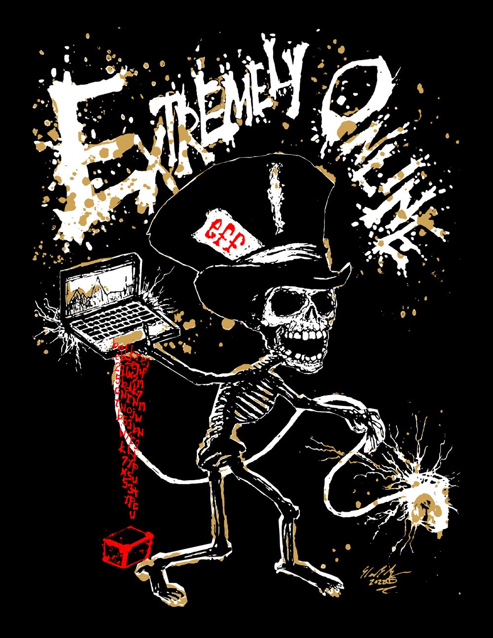 A closeup of the design of the shirt: it is black, with a white skeleton wearing a top hat, holding a computer in one hand, and an electrical cord attaching the computer to an outlet in the other. the skeleton seems about ready to pull the cord, or perhaps he's just plugged it in? his hat has a card in it that says "EFF." Written spray-paint style above him are the words "EXTREMELY ONLINE." Beneath the computer is a red box, with a red ... spray going towards the computer. What could it mean? 