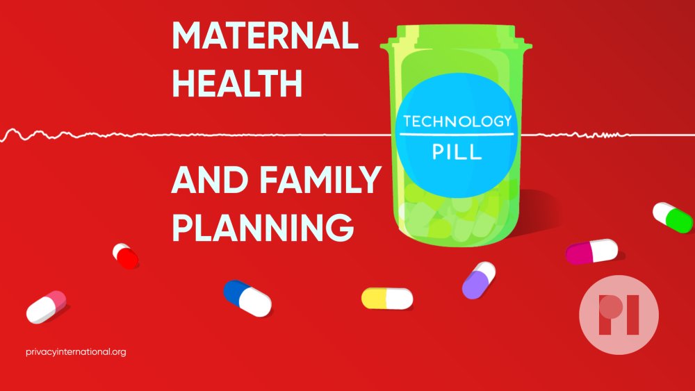 Green pill bottle with label reading Technology Pill surrounded by muli-colour pills with a sound waveform running behind it, text next to the bottle reads Maternal Health and Family Planning