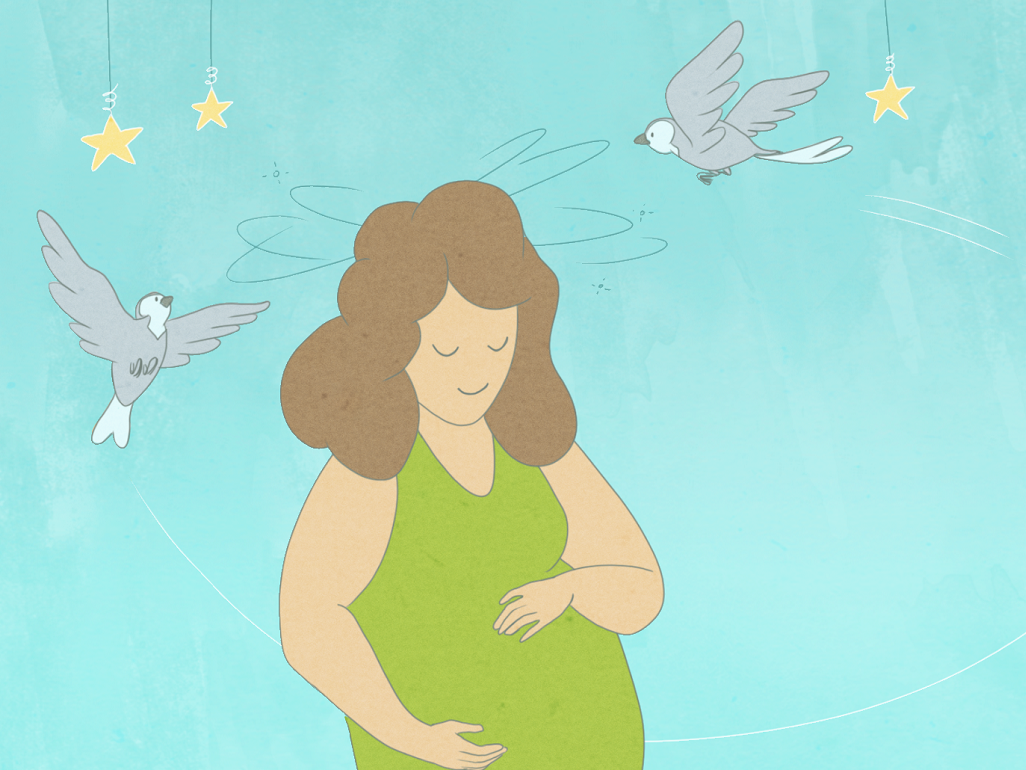 cartoon image of pregnant woman with birds swirling overhead