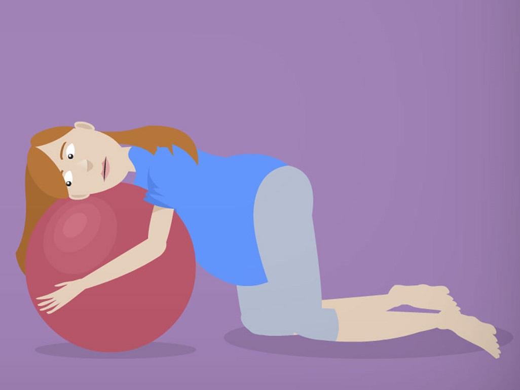 cartoon image of woman leaning on exercise ball