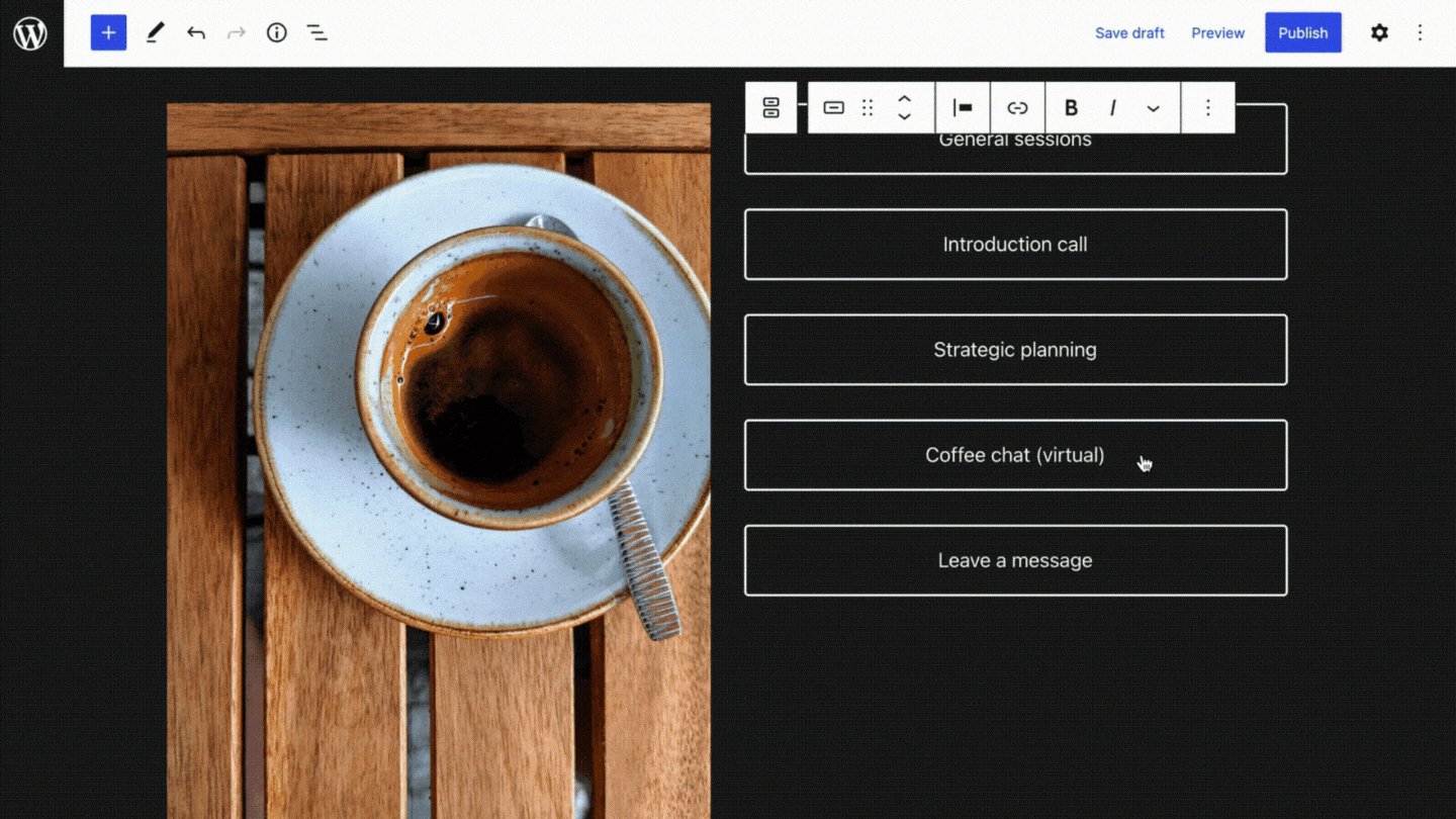 A sample web page with an overhead photo of a coffee cup beside a column of buttons, to which someone is adding a new button designed to match the others with just a click. 