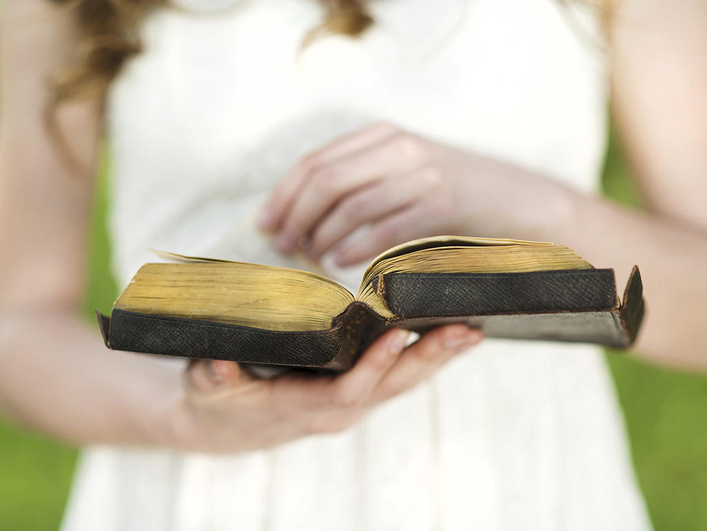 torso of woman holding open book