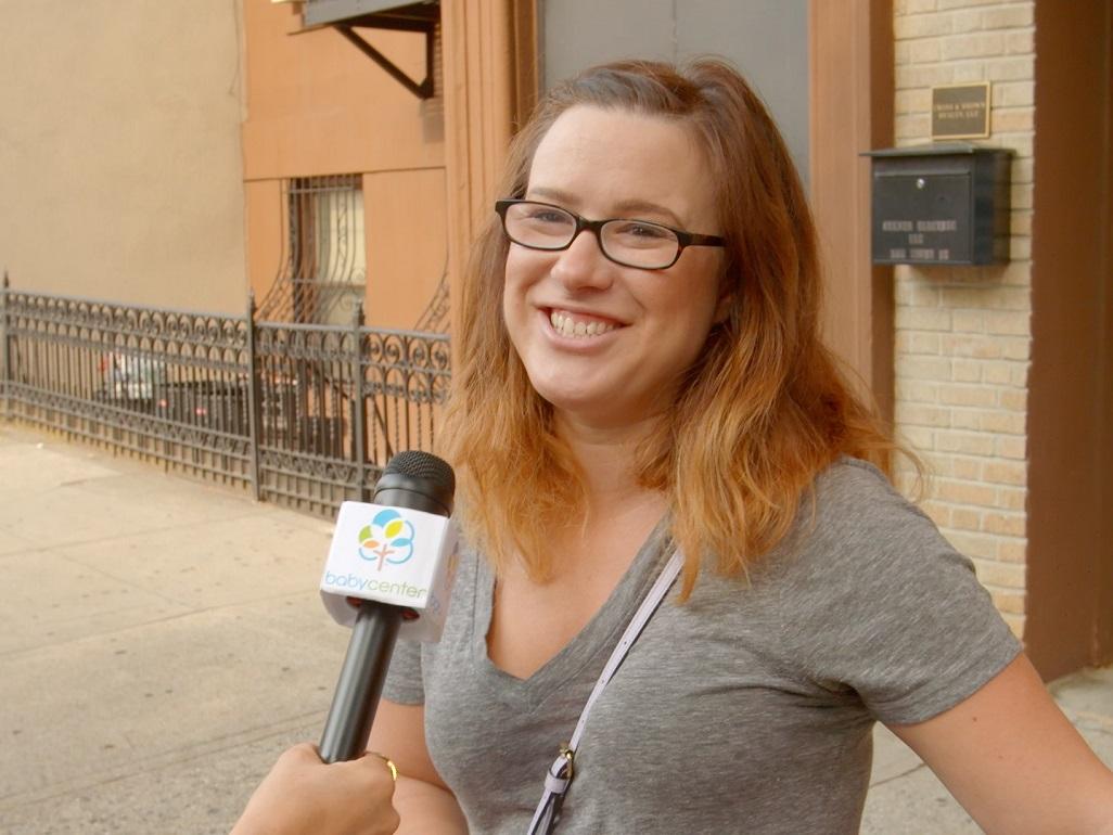 woman with toddler talking into microphone - text is: mom confidential: How did you name your baby?