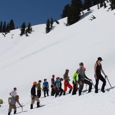 A group of UWild participants hikes through the snow in a line, a blue sky and trees behind them.