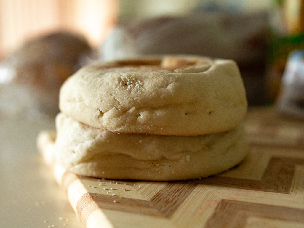 whole-wheat English muffins sitting on counter