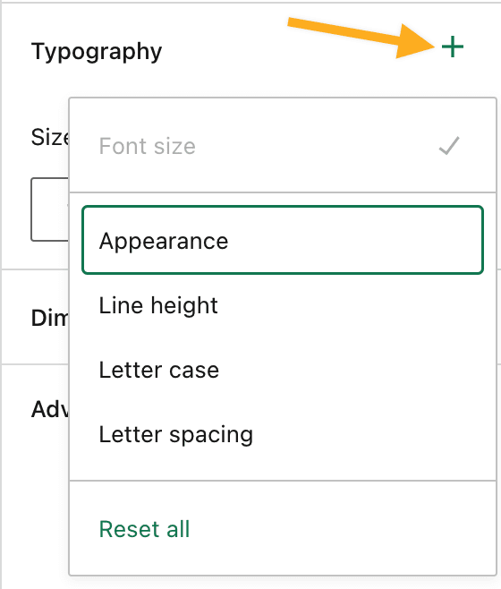 The Typography option in the Block Settings sidebar menu with an arrow pointing to the plus symbol that allows you to choose which typography options you want to display in the settings.