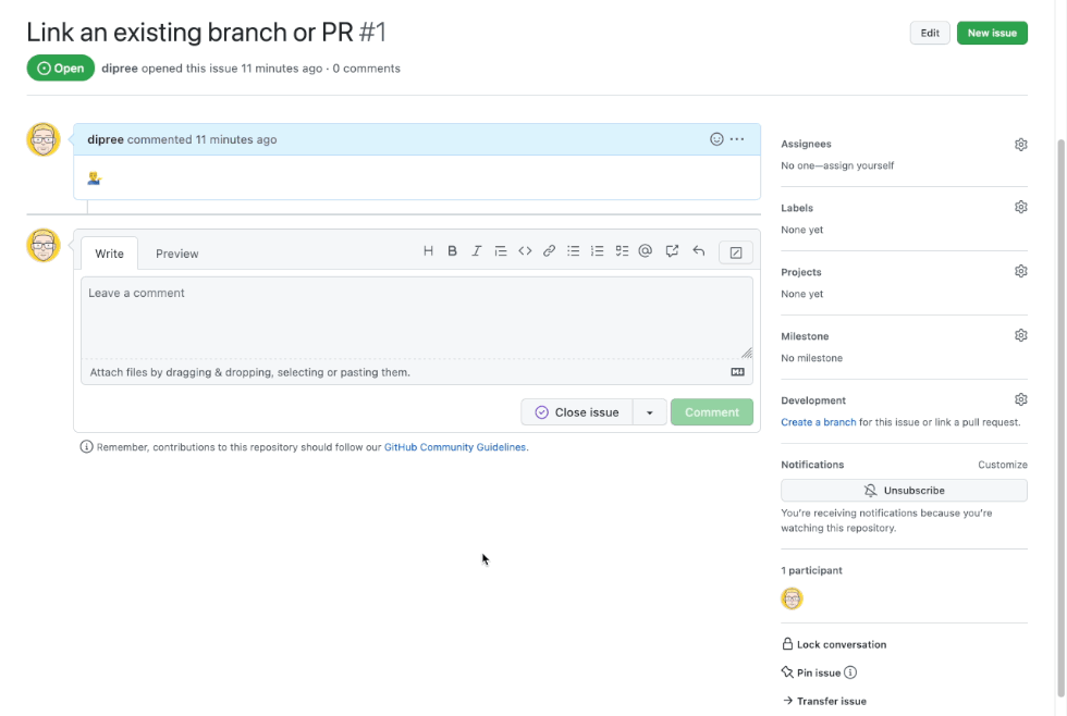 An animated image showing how a branch can be linked in an issue. The linked branch is shown in the Development section.