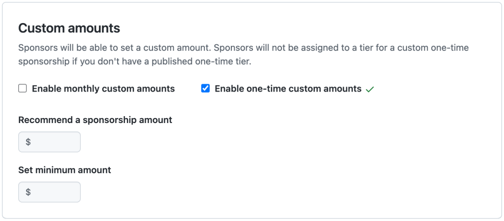 Custom sponsorship amount settings on the GitHub Sponsors dashboard for maintainers