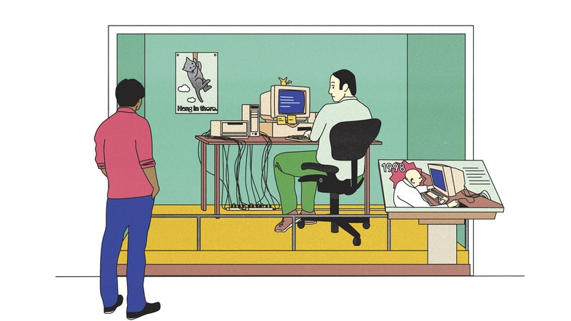 Illustration of a person watching another person working on an older computer