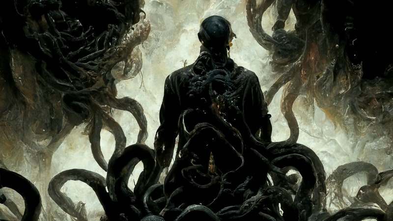 poster of humanoid creature surrounded by serpent like tentacles