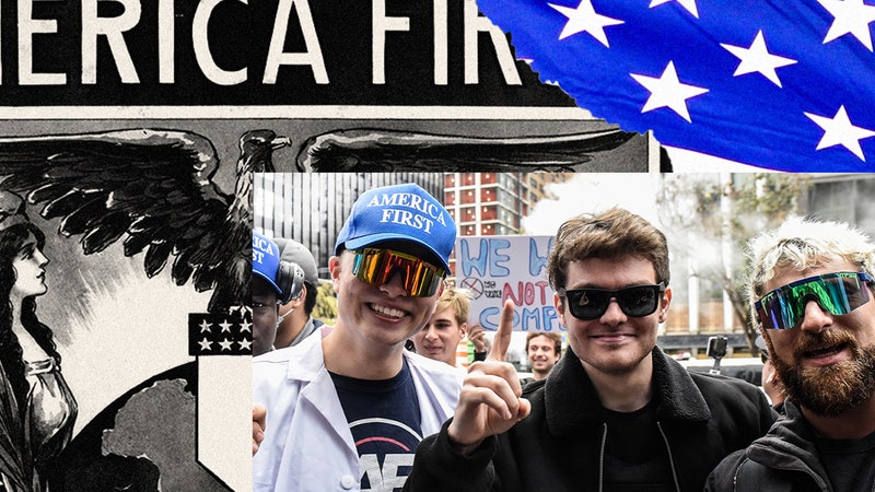 Photo collage of Nicholas Fuentes and others holding up "number one" hand signs, an early 19th century America First poster, and Charles Lindbergh