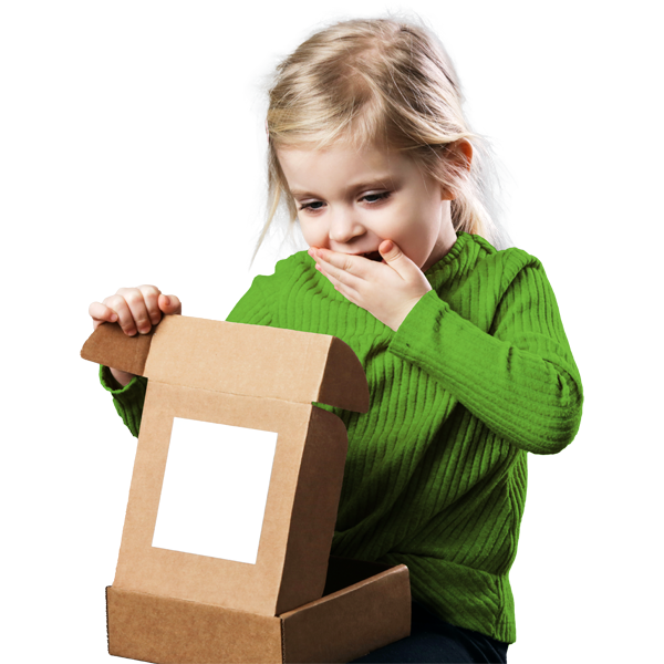 Young girl looking inside a brown box.