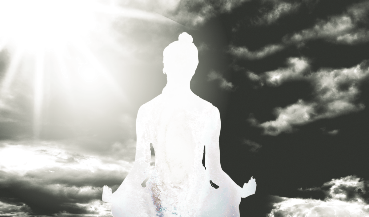 White silhouette of a woman in lotus yoga pose, centered against an abstract background with light and sun ways on the left and dark clouds on the right.