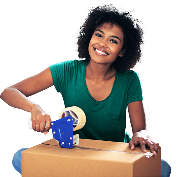 Young smiling woman tapes a brown box