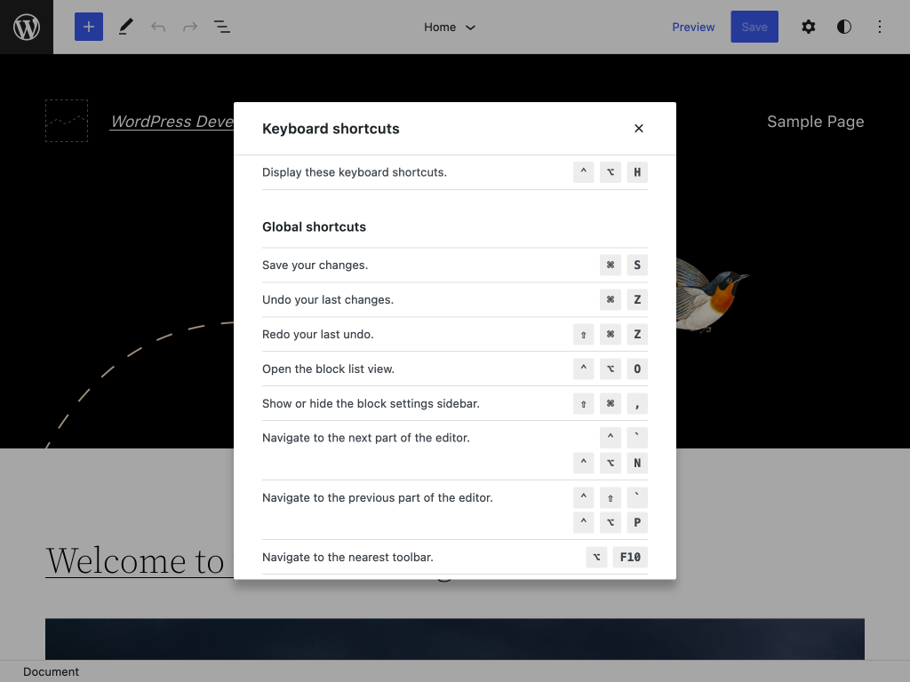 Keyboard shortcuts modal in the site editor