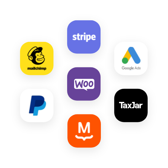 Logos for a selection of products compatible with WooCommerce: Stripe, Google Ads, TaxJar, MailChimp, PayPal, and MailPoet.