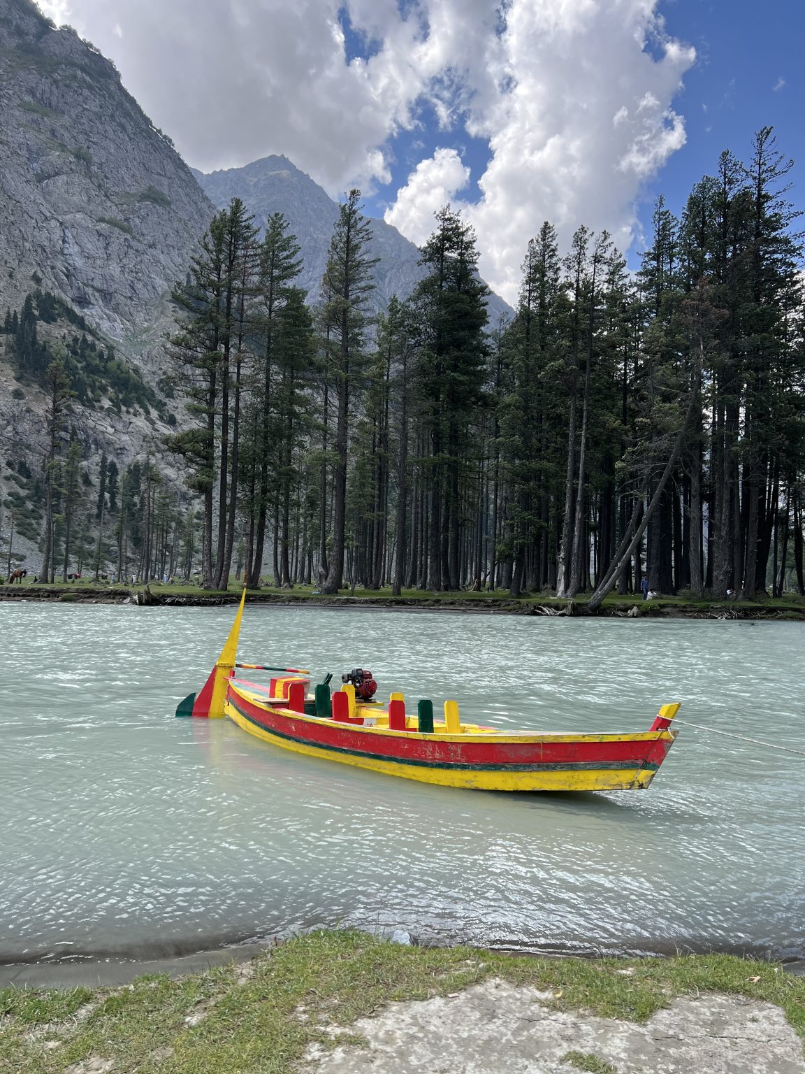 A small boat on Lake Mahodand with forest and mountain scenery behind. Kalam, Pakistan. Photo contributed by Muhammad Shakeel to the WordPress Photo Directory.