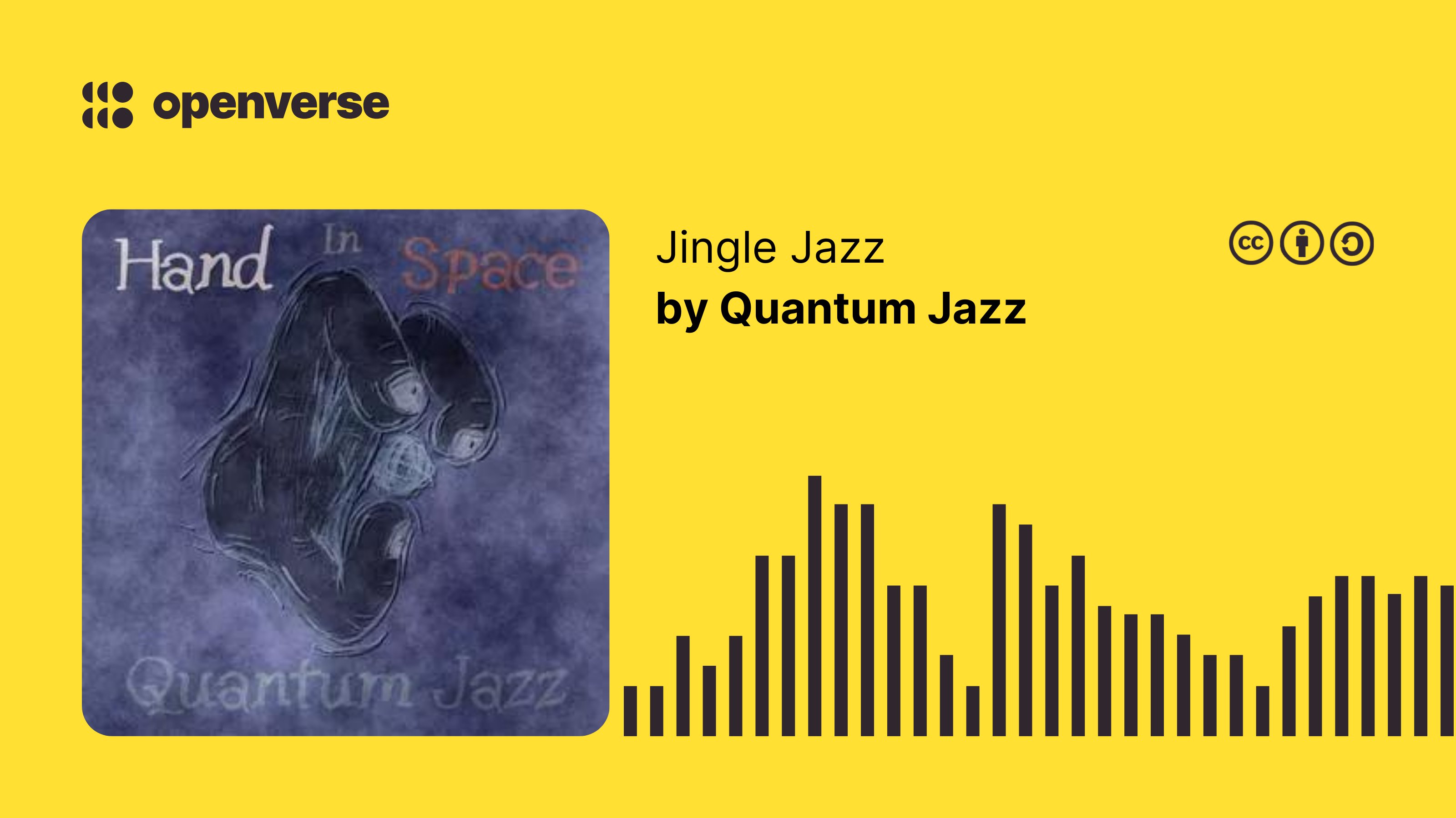 Yellow background with Openverse logo, audio wave and attribution credits: Jingle Jazz by Quantum Jazz.