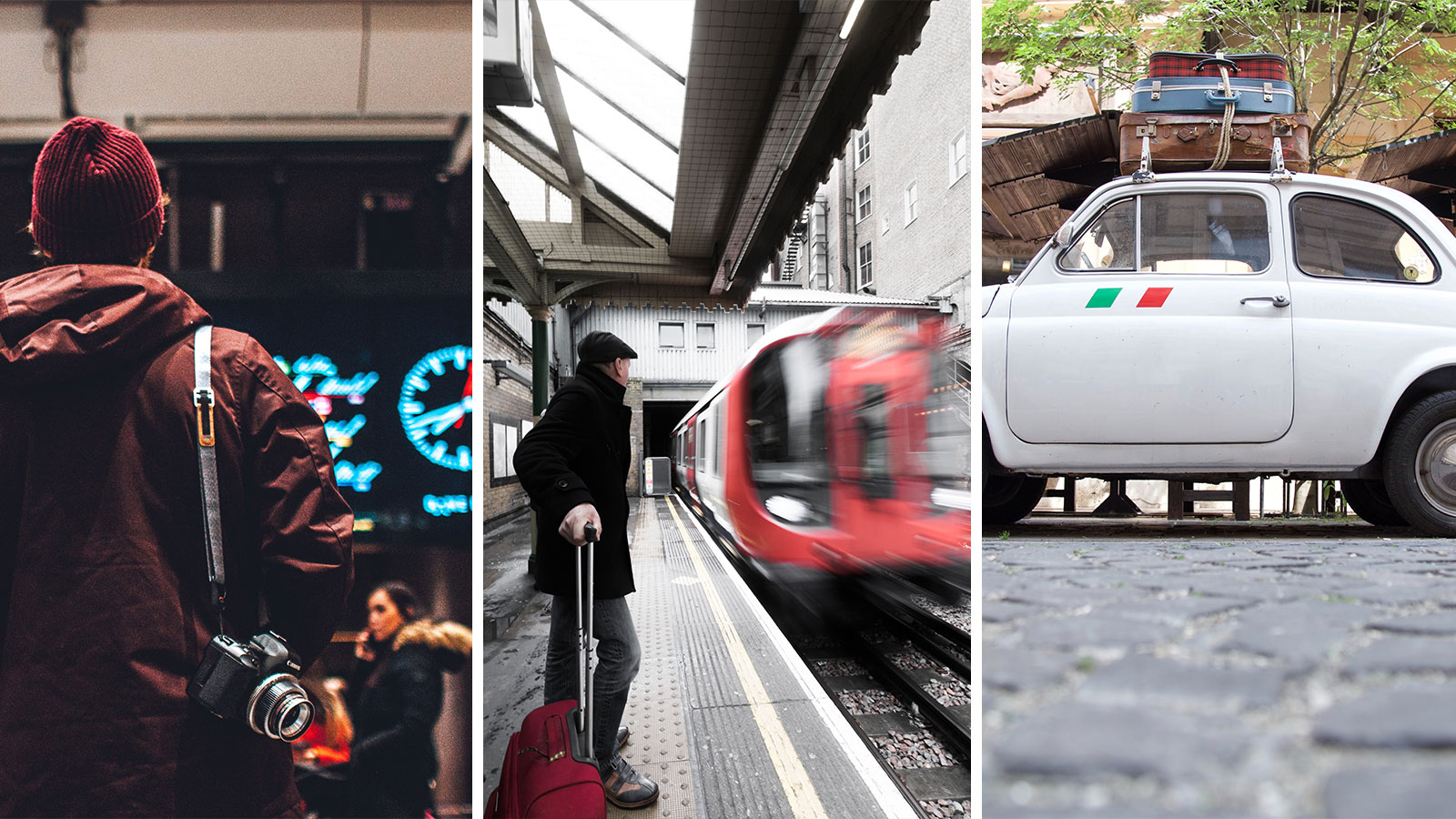 Person staring at arrivals board in airplane terminal; man on platform as train whizzes by; and auto with suitcase on roof. Photo credits (left to right): Erik Odiin,  Anthony Tyrrell, and  Karim MANJRA on Unsplash.