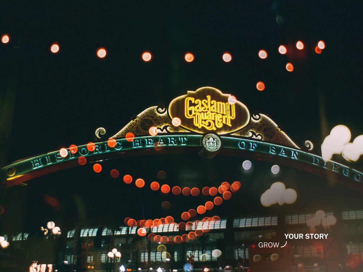 Artsy nighttime photo of the Gaslamp Quarter Gate in San Diego, California.