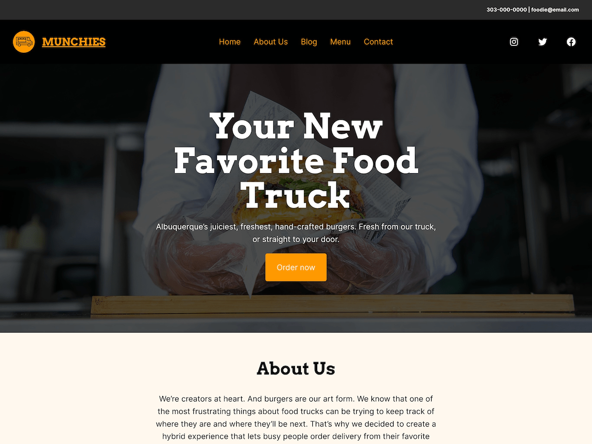 Designed with portable business in mind, Munchies comes with patterns for multiple menus, a schedule for upcoming events, and more. Use this theme to share your story with your customers and to make it easier for them to connect with you.