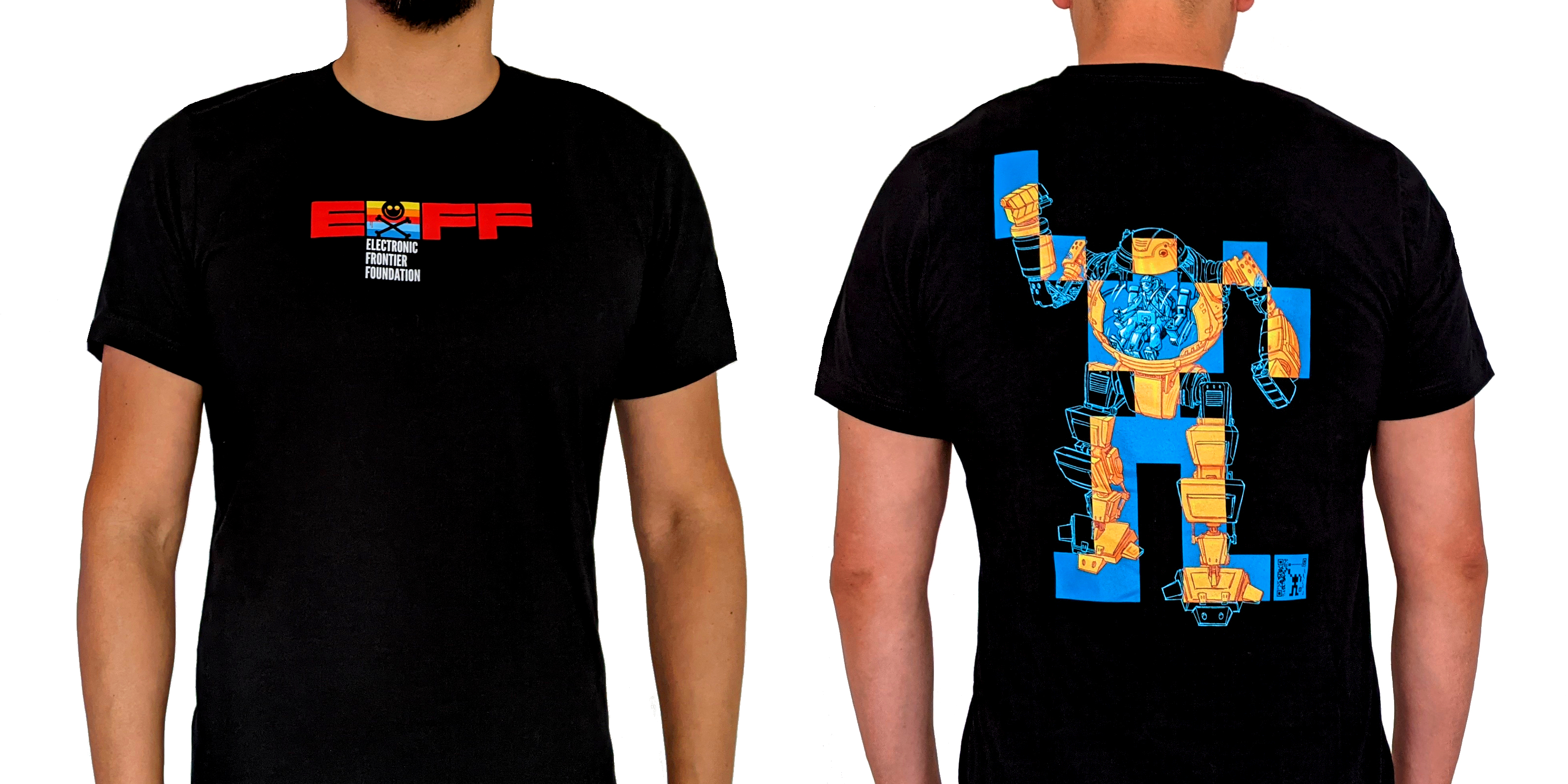 EFF's DEF CON 29 t-shirt. Black shirt with EFF x DEF CON logo on front and back features a mecha robot in gold and blue