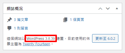 WordPress 控制台的 [網站概況] 區段中，最下方會顯示目前網站所執行的 WordPress 核心程式版本。
