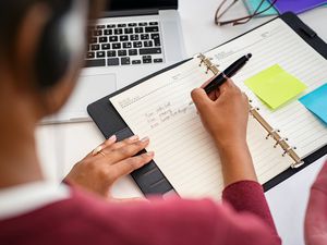 person writing in a daily planner