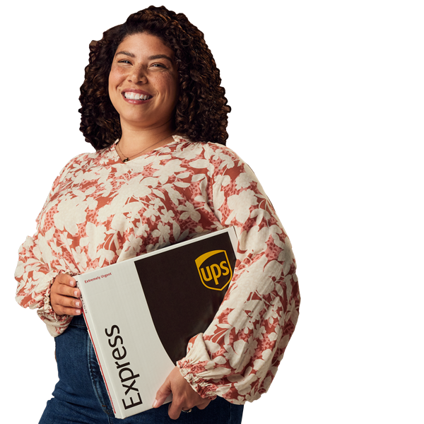 Woman with UPS Express Box smiling.